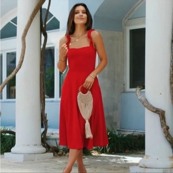 Reformation Red Eda Ruffle Strap Midi Dress‎ size Small - Picture 1 of 4
